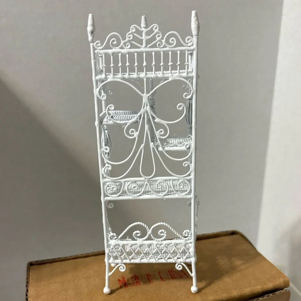 miniature‎ white metal Victorian-style wicker etagere display shelf Wrought Iron
